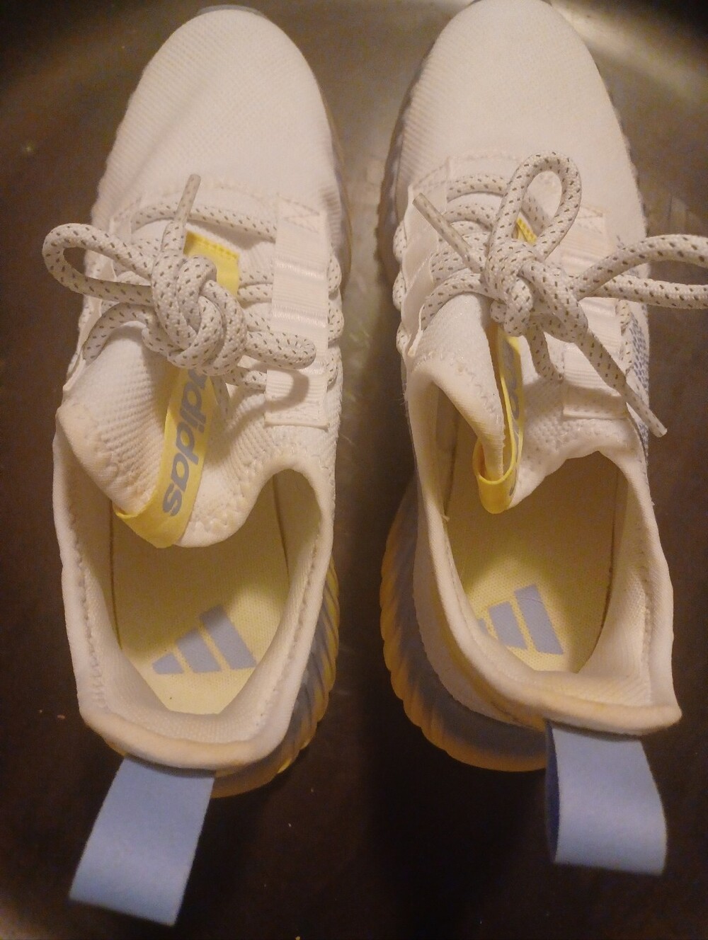 adidas Kaptir Flow White Sneakers w/ Light Blue Stripes and Yellow Gradient Sole - Picture 7 of 11